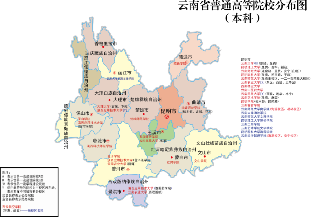 高考必看：云南省公办、民办高校分布图（具体到市！）